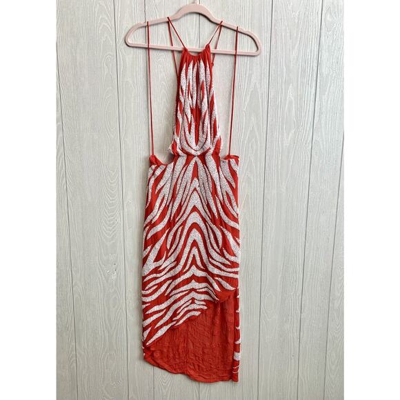 Haute Hippie Blood Orange Cut Out Halter Midi Beaded Zebra Dress *Flaw* XS NWT - Picture 3 of 9